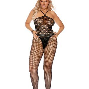 Sexy Plus Size Black Crochet Bodystocking - Halter Neck, Open Crotch
